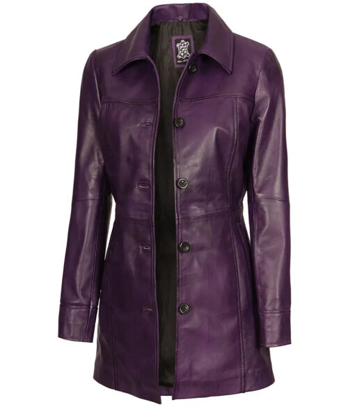 Women's Purple 3/4 Length Button Down Leather Coat