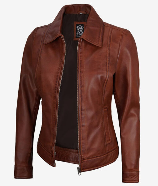 Women's Cognac Shirt Collar Leather Jacket - Image 2