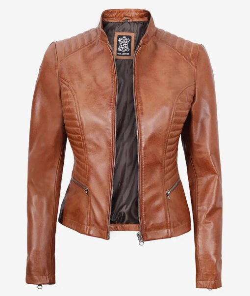 Women's Slim Fit Tan Brown Lambskin Leather Jacket - Image 2